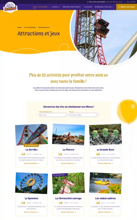 Capture d'écran de la page de liste des attractions