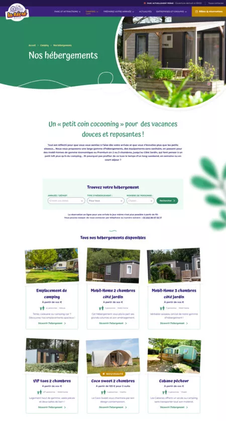 Capture d'écran de la page de liste des hébergements